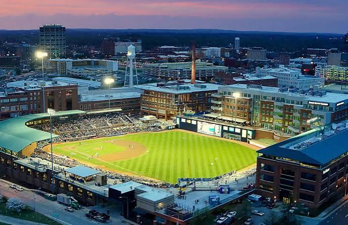 Aerial view of Durham Bulls Athletic Park during an evening baseball game