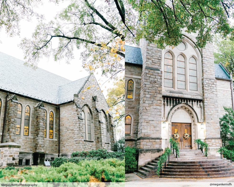 Stone exterior and entrance of Trinity United Methodist Church in Durham
